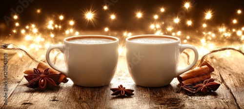 Two Cups of Coffee, Festive Lights, and Spices on Rustic Wooden Table - Cozy Winter Holiday Concept