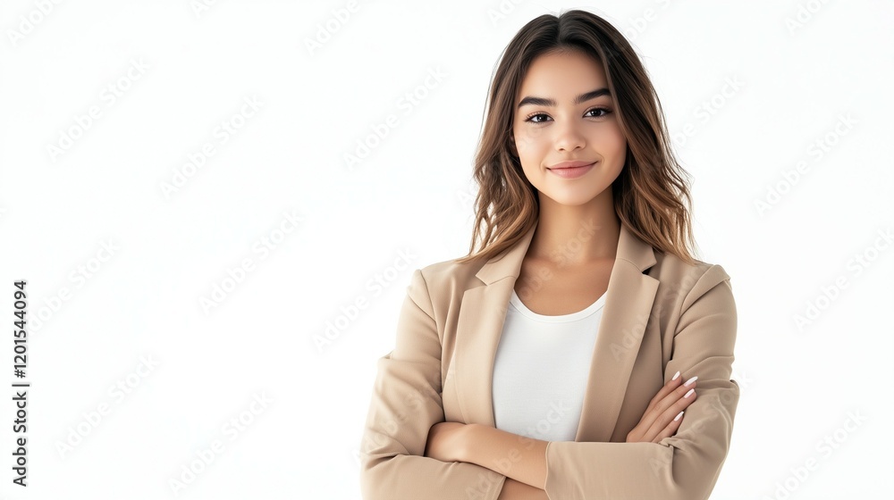 Beautiful young asian businesswoman in a casual outfits trend, semi formal, isolated on a white background, with her arms crossed and smiling at the camera Beautiful young asian businesswoman in a casual outfits trend, semi formal, isolated on a white background, with her arms crossed and smiling at the camera