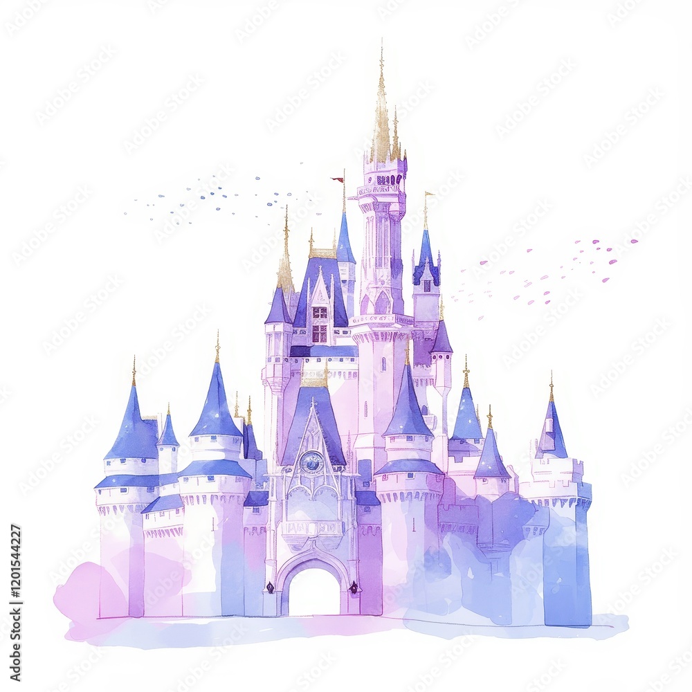 Obraz premium Magical Watercolor Painting of a Fairytale Castle Dreamlike Palace Illustration Purple and Blue Hues