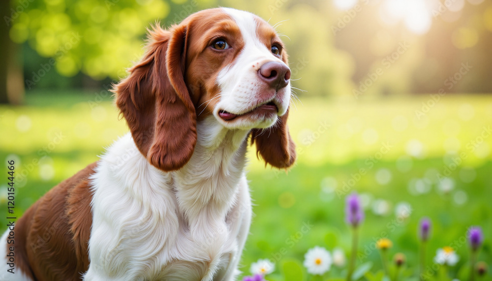 Gentle English Springer Spaniel gazing in blooming garden, serenity
Gentle English Springer Spaniel gazing in blooming garden, serenity