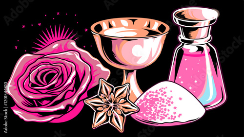 Magical Pink Rose & Potion:  High-Res Vector Illustration - Occult.