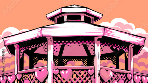 Pink Heart Gazebo - Romantic Valentine's Illustration |  Wedding Design.