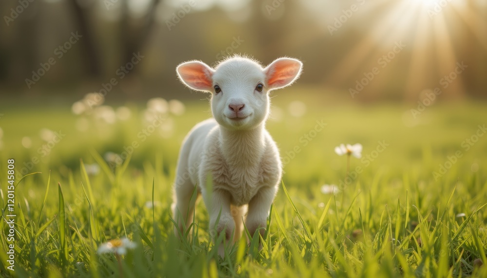 Lamb standing on green grass with yellow wildflowers in spring. Lamb standing on green grass with yellow wildflowers in spring.