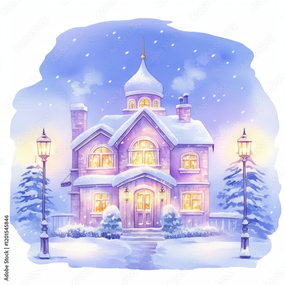 Fototapeta premium Enchanting Winter House Snow Covered Cottage Illuminated Windows Festive Night Scene