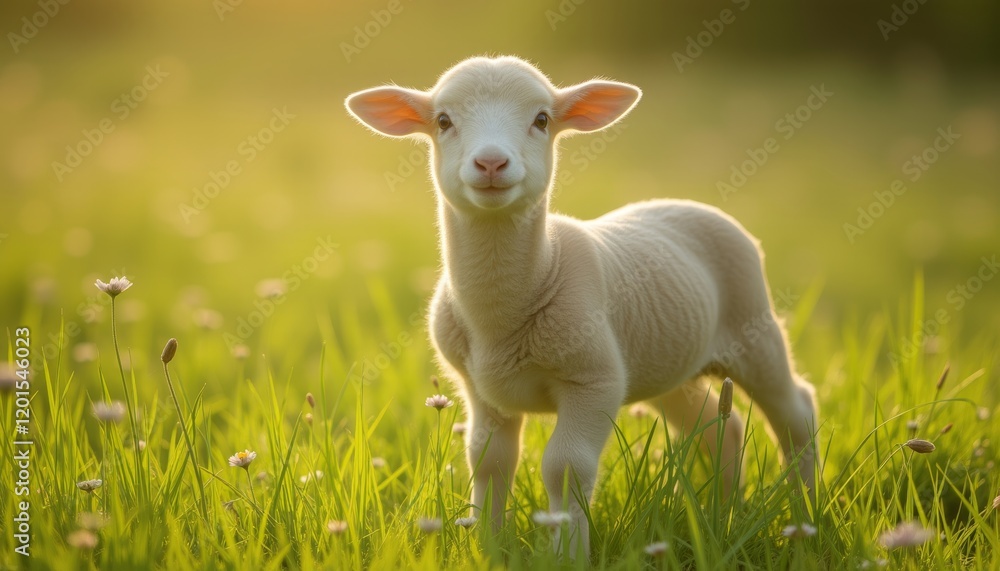 Lamb standing on green grass with yellow wildflowers in spring. Lamb standing on green grass with yellow wildflowers in spring.