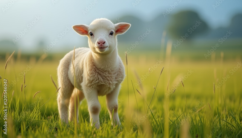 Lamb standing on green grass with yellow wildflowers in spring. Lamb standing on green grass with yellow wildflowers in spring.