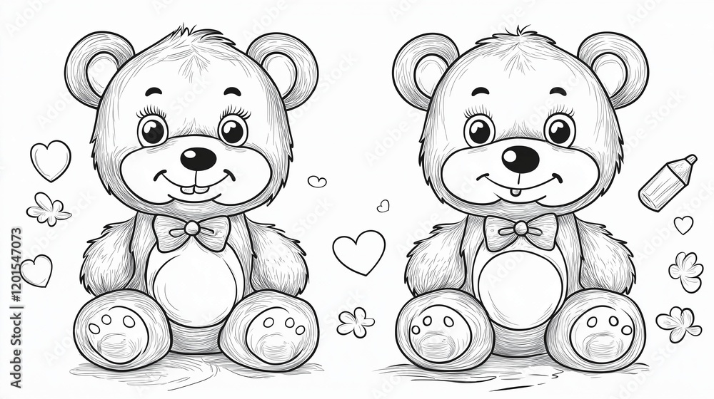 Fototapeta premium Two cute little bears in bow ties, coloring page for kids