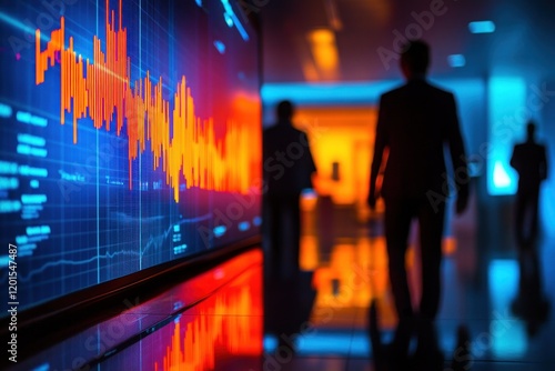 Silhouetted people and financial graph in office hallway.