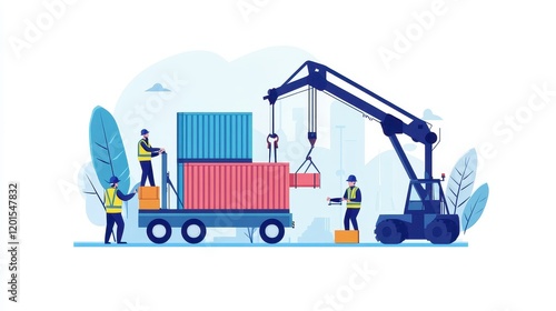Cargo workers in safety vests coordinating a container transfer using advanced technology, teamwork in shipping 