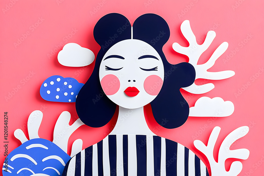 Fototapeta premium Abstract stylized female woman face in a paper cut style with blue, red and white colors.