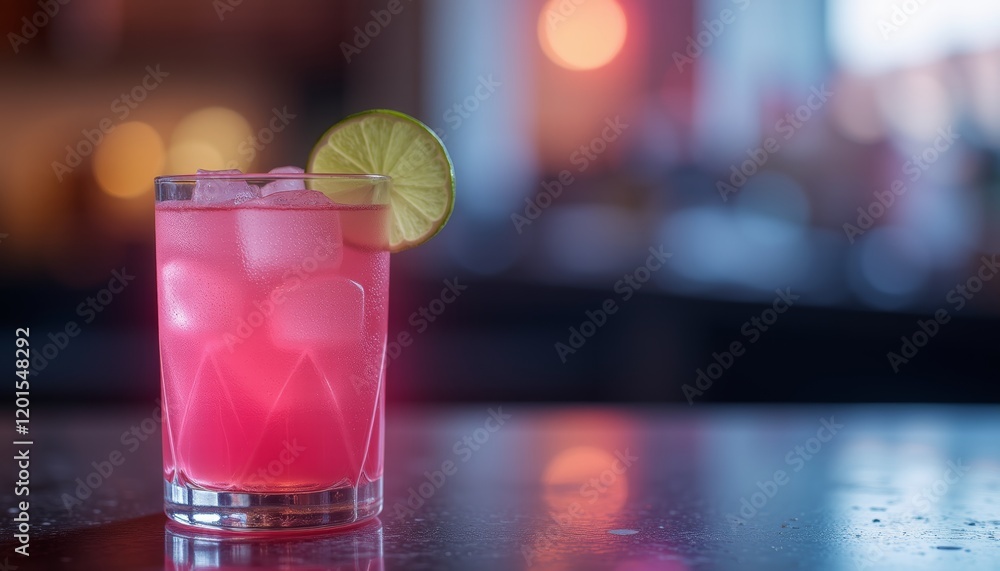 Refreshing pink cocktail with lime garnish on a wooden table Refreshing pink cocktail with lime garnish on a wooden table