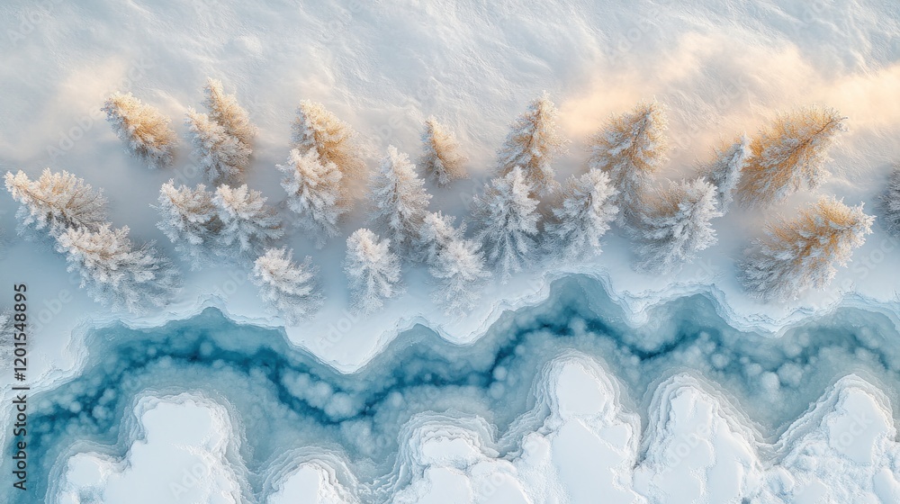 Fototapeta premium Aerial view of snow-covered trees and frozen river.