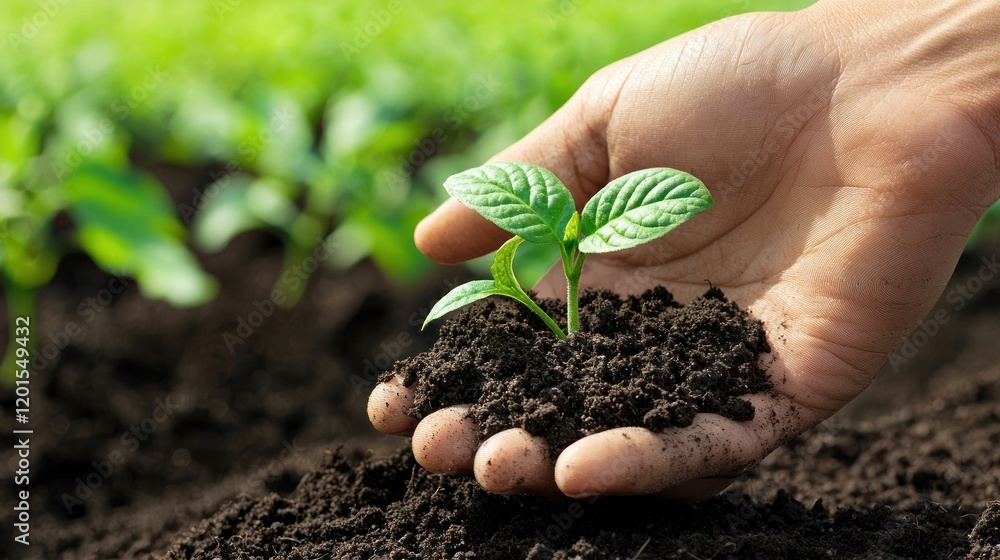 Hand holding small seedling in fertile dark soil. Hand holding small seedling in fertile dark soil.