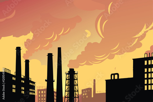 A gritty industrial scene with an exterior factory belching thick plumes of smoke into the air.