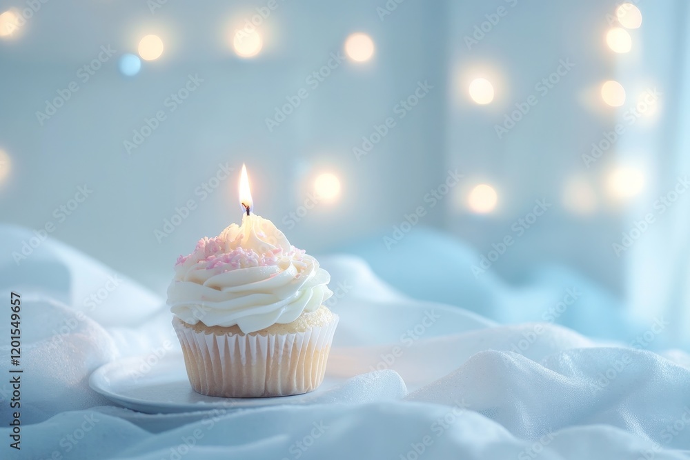 Single birthday cupcake with lit candle on white plate and fabric, bokeh lights background. Single birthday cupcake with lit candle on white plate and fabric, bokeh lights background.