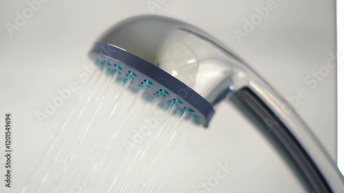 Shower head in bathroom turning on. Water drops flowing. Slow motion 