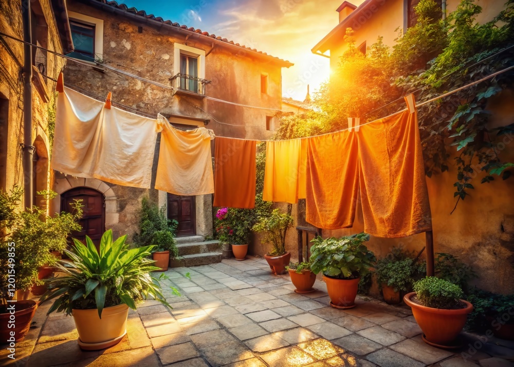 Obraz premium Sun-Drenched Courtyard: Vibrant Orange & Cream Laundry Drying in Low Light