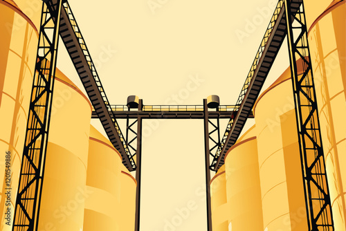A detailed vector illustration of large industrial silos connected by intricate piping and conveyor belts, emphasizing the complex network of machinery and structures.