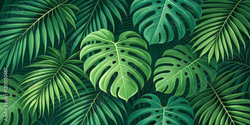 Lush Vibrant Green Tropical Leaves Background with Monstera for a Fresh Aesthetic photo