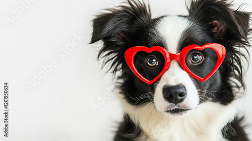 St. Valentine's Day concept. Funny puppy dog ​​border collie in red heart shaped glasses isolated on white background. Lovely dog ​​in love celebrating valentines day. Copy space. photo