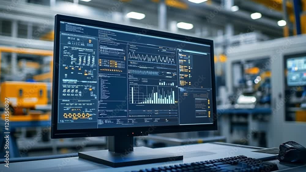 Advanced industrial control dashboard displaying real time production statistics, monitoring robotic arms and automated machinery within modern manufacturing environment Advanced industrial control dashboard displaying real time production statistics, monitoring robotic arms and automated machinery within modern manufacturing environment