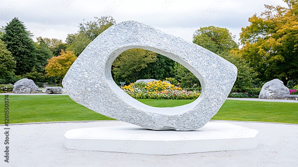 Fototapeta premium Modern Granite Sculpture in Garden Outdoor Art Hole in Stone