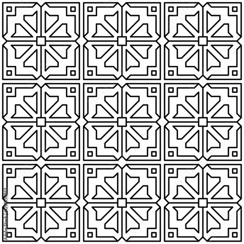 Symmetrical black line art creates a seamless geometric pattern on a white background. Ideal for coloring books, artistic designs, or backgrounds.