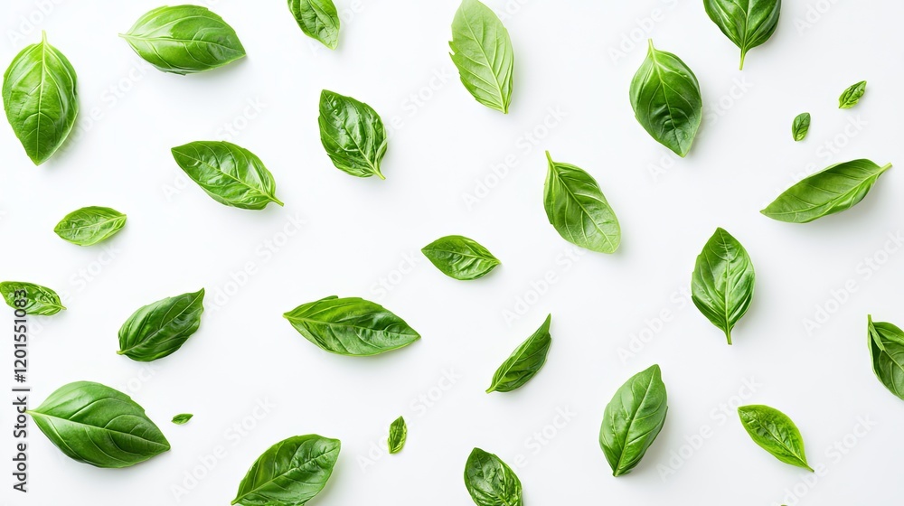 Fresh Basil Leaves Pattern on White Background Fresh Basil Leaves Pattern on White Background