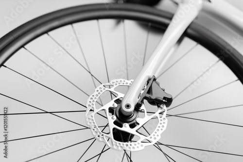 A bicycle wheel with a chain and a sprocket. The chain is black and the sprocket is silver. The wheel is large and has a smooth surface