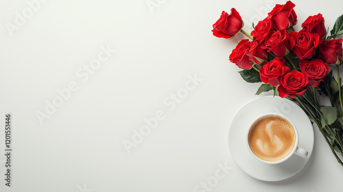 Valentine's day with coffee and red roses bouquet on white background. Romantic greeting card. Copy space. photo