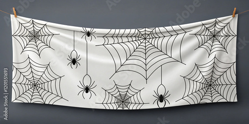 A Chilling White Halloween Banner Adorned with Spiderwebs and Eerie Spiders photo