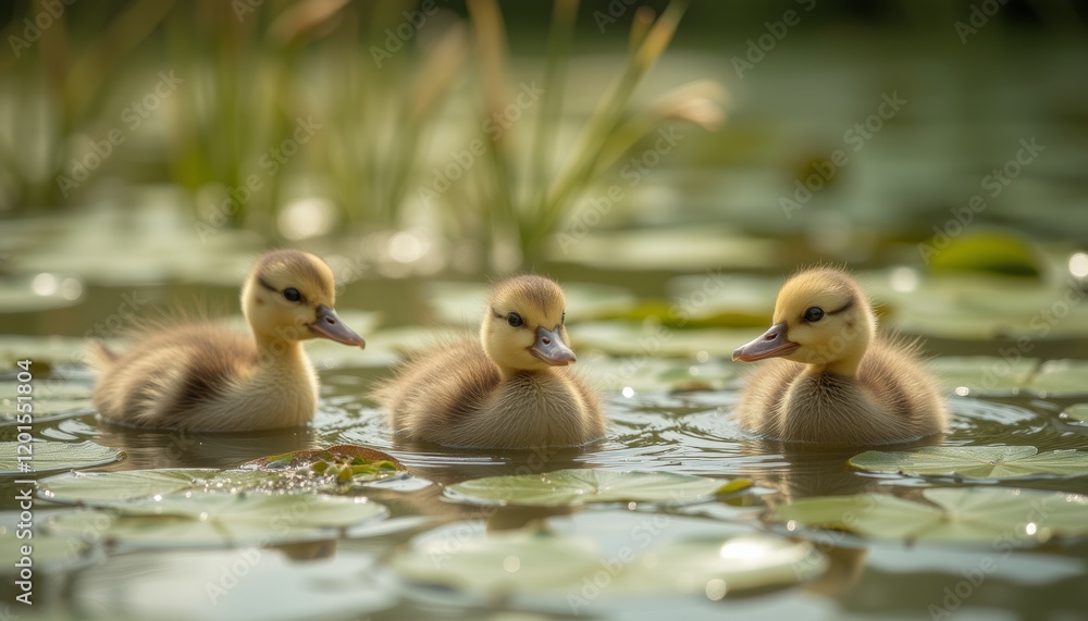 Three ducklings swimming among lily pads in golden sunlight Three ducklings swimming among lily pads in golden sunlight
