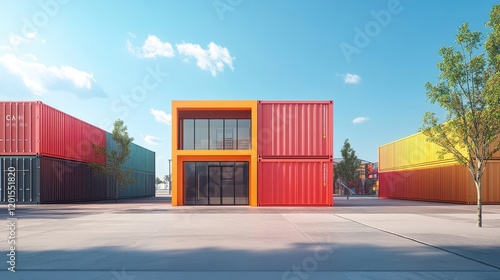 Intermodal container flat design front view, 3D render, Split complementary color scheme  photo