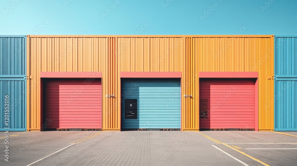 Intermodal container flat design front view, 3D render, Split complementary color scheme Intermodal container flat design front view, 3D render, Split complementary color scheme
