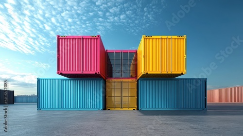 Intermodal container flat design front view, 3D render, Split complementary color scheme  photo