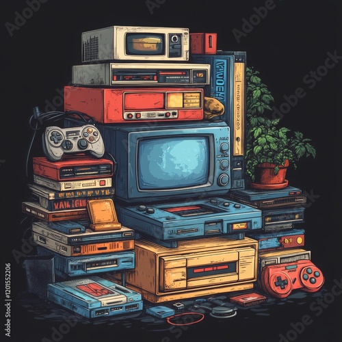 Colorful Vector Illustration of Retro Video Game Consoles and Controllers on a Dark Background

