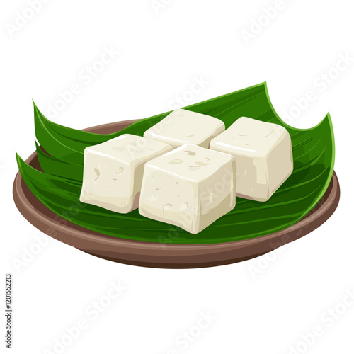 soft tofu in a banana leaf plate. tofu from soya. isolated vector illustrattion.