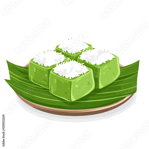 Kue Putu. Traditional Indonesian Kue Putu on a Banana Leaf Plate