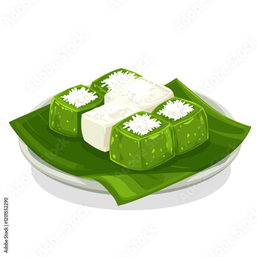 Kue Putu. Traditional Indonesian snack, made from sticky rice and coconut with aromatic pandan leaves. Vector illustration.