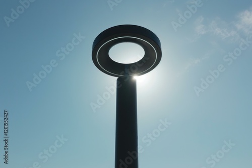 Fototapeta Naklejka Na Ścianę i Meble -  Modern circular street lamp standing tall against a clear blue sky, sun shining brightly behind it