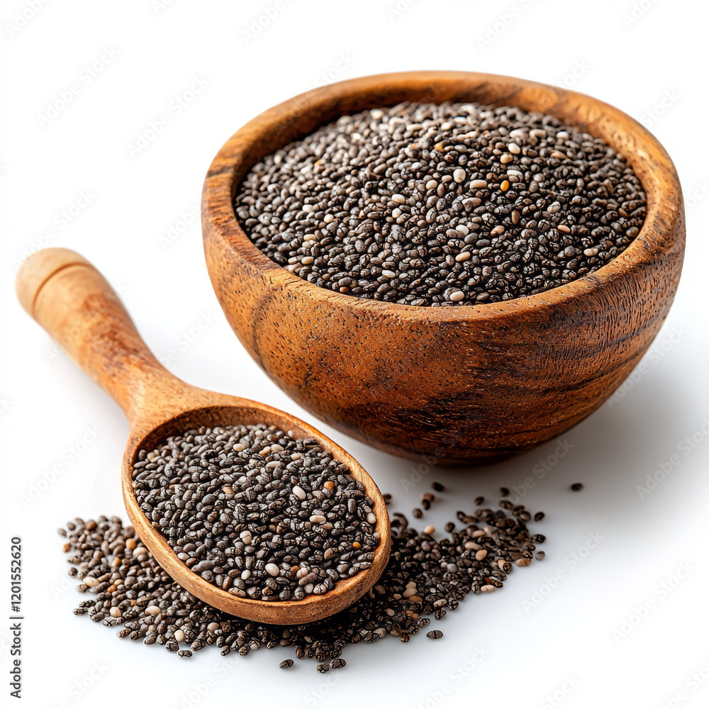Chia seeds in wooden bowl and spoon. Chia seeds in wooden bowl and spoon.