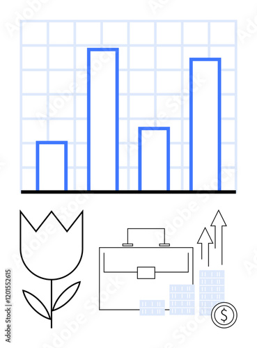 Bar graph with tulip, briefcase, upward arrows, stacks of coins, and dollar sign. Ideal for finance, business growth, sustainability, investment economy financial analysis and corporate strategy