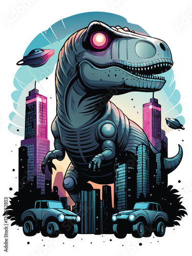 A sleek, silver robotic dinosaur with glowing LED eyes, standing on a futuristic cityscape backdrop.