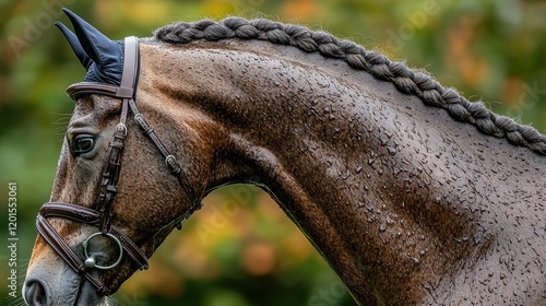 Braided Chestnut Horse Portrait, Autumn Background, Equestrian Sport photo