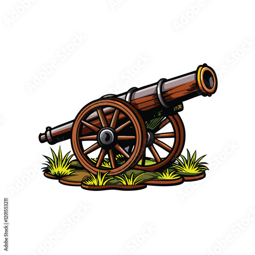 A detailed close-up image of an artillery cannon set on a grassy field, with the cannon's intricate details and the surrounding lush green grass captured in high resolution.