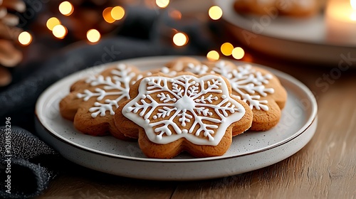 Festive snowflake cookies on plate, bokeh lights, Christmas baking photo