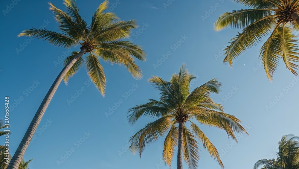 Tropical palm trees sway against a vibrant blue sky, evoking a sense of summer vacation and island paradise Tropical palm trees sway against a vibrant blue sky, evoking a sense of summer vacation and island paradise