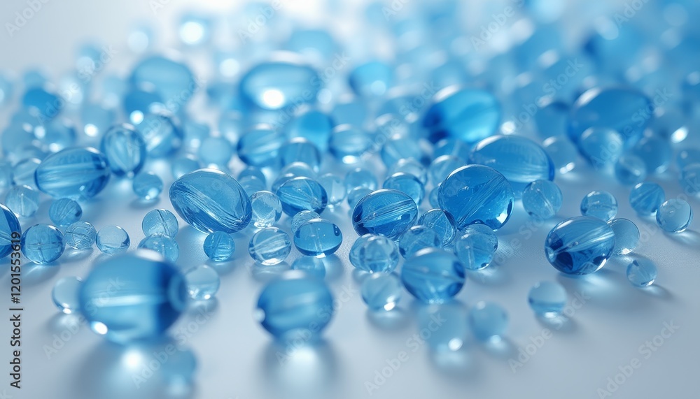 Blue glass beads scattered on a white surface Blue glass beads scattered on a white surface