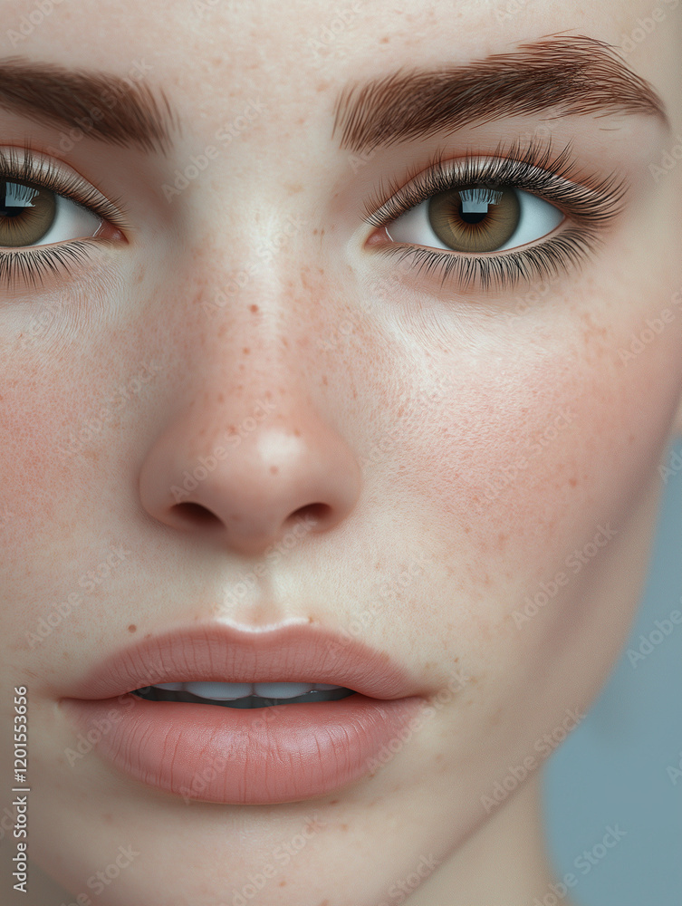 Naklejka premium Nahaufnahme Frauengesicht vor türkisfarbenem Hintergrund, natürliche Augenbrauen, warme braune Augen, volle Lippen, ebenmäßige Haut, clean, modern, Beauty-Werbung