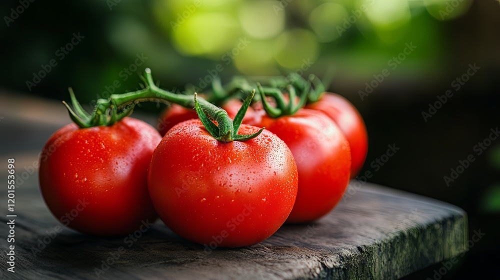 Fresh, Ripe Tomatoes on Wooden Surface Fresh, Ripe Tomatoes on Wooden Surface